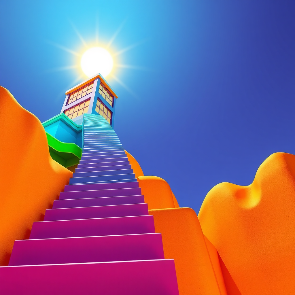 A stylized 4k image showcasing a website climbing a staircase made of search engine results pages (SERPs). The website is represented by a vibrant, modern metal building design, and the staircase is made of layered SERPs. The top of the staircase leads to a bright, glowing sun representing top search engine rankings. The color palette should be vibrant and optimistic, with a focus on blues, greens, and yellows. The camera angle should be a low-angle shot, emphasizing the website's ascent. The overall texture should be smooth and polished, conveying a sense of progress and achievement.