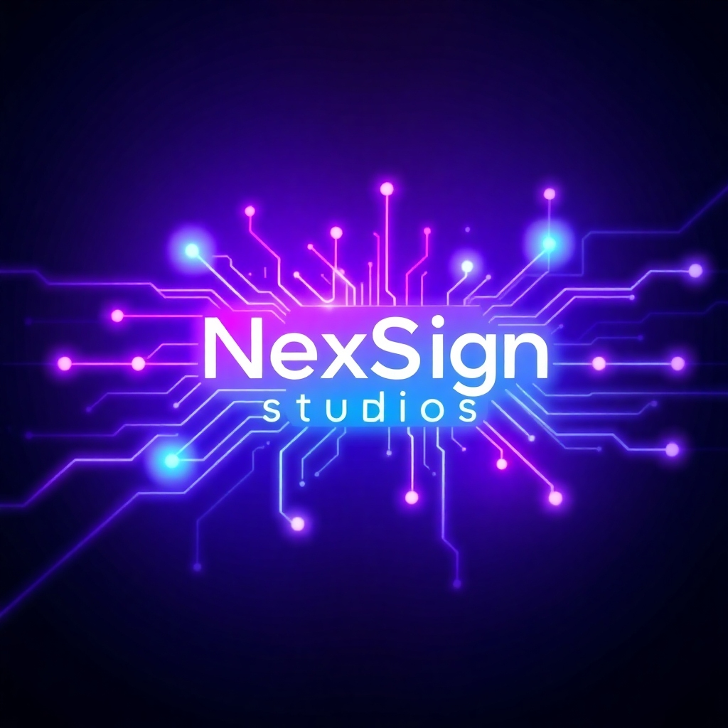 A stylized, abstract image representing the core of NexSign Studios. Imagine interconnected circuits glowing with gradient purple and cyan light, forming a digital display. The background is a soft, diffused black, creating a sense of depth. Incorporate subtle particles of light floating around the circuits, suggesting innovation and dynamism. The composition should be clean and modern, with a focus on the interplay of light and shadow. The style should evoke a sense of technological sophistication. Technical specs: 4K resolution, high-quality textures, ambient lighting.