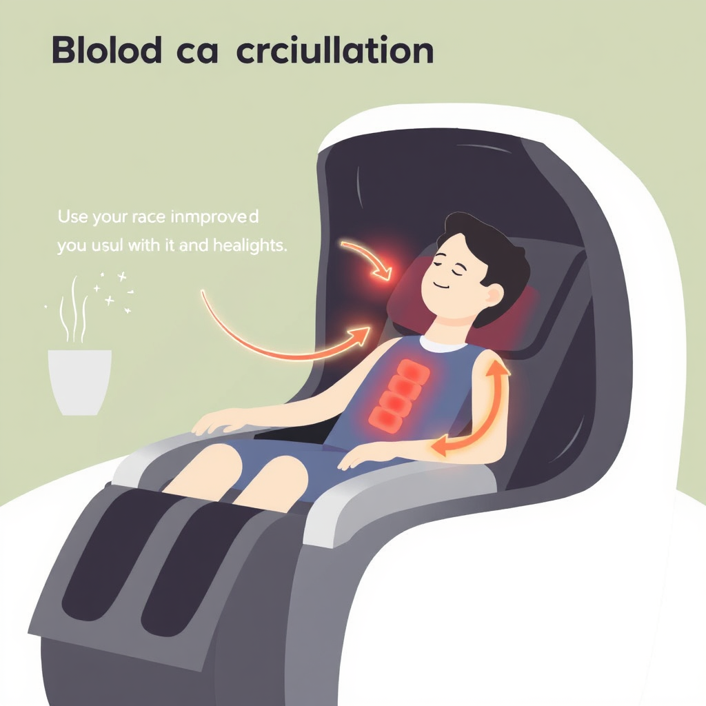 A stylized animation showing blood circulation improving as a person relaxes in the massage chair. Use visual cues like flowing lines and glowing highlights to illustrate the benefits. The style should be clean, modern, and informative.