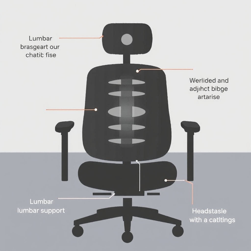 A stylized diagram highlighting the ergonomic features of the chair, such as the lumbar support, headrest, and adjustable armrests. Use clear lines and annotations to explain the benefits of each feature.