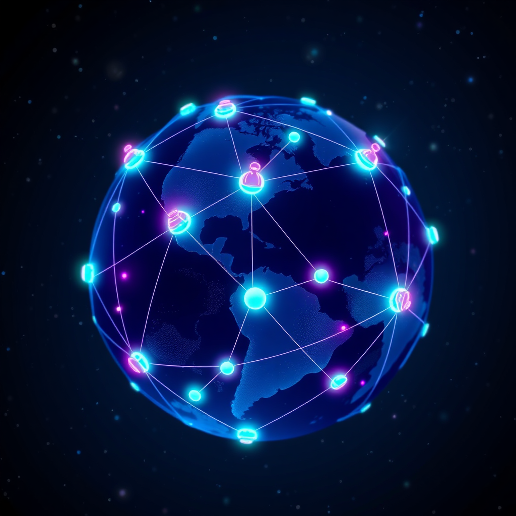 A stylized, high-resolution image showcasing a globe with interconnected nodes representing online users searching for metal buildings. The nodes should be brightly colored and connected by thin, glowing lines. The globe is set against a dark, star-filled background to emphasize the global reach. The color palette should be vibrant and futuristic, with a focus on blues, greens, and purples. The camera angle should be a wide shot, capturing the entire globe and its interconnected network. The overall texture should be smooth and polished, conveying a sense of technological advancement and global connectivity. The style should be modern and abstract, inspired by the concept of a connected world.