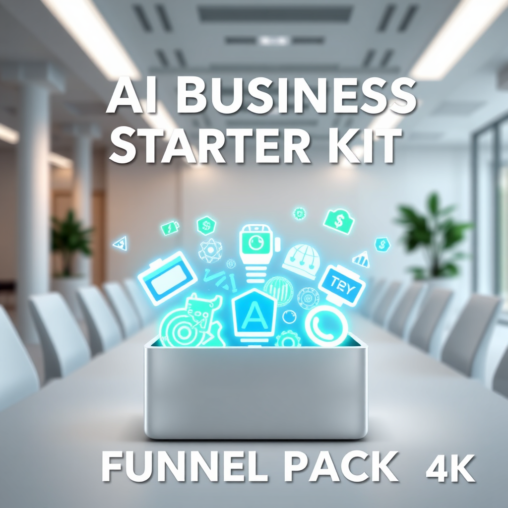 A stylized image representing the 'AI Business Starter Kit Funnel Pack'. The central element is a toolbox filled with glowing icons symbolizing AI, marketing, and sales. The background is a clean, modern office environment. Lighting should be soft and diffused, creating a sense of trust and professionalism. The color palette includes blues, greens, and whites, evoking innovation and growth. The camera angle is a medium shot, focusing on the toolbox and its contents. Style reference: a blend of corporate stock photography and clean infographic design. Technical specs: 4K resolution, high-quality rendering.