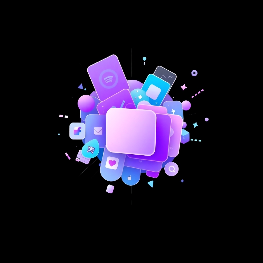 A stylized image representing dynamic content creation. The image consists of multiple layers of digital assets merging together to create a vibrant and compelling composition. The color palette includes gradient purples, cyans, and whites against a black background. The style should be modern and abstract, conveying the idea of constant change and evolution. Technical specs: 4K resolution, high-quality textures, dynamic lighting effects.