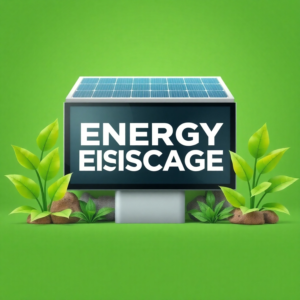 A stylized image representing energy-efficient digital signage. The image features a digital display powered by solar panels, with green leaves and plants surrounding the display. The color palette is natural and eco-friendly, and the composition emphasizes sustainability and environmental consciousness. Style: Modern, eco-friendly, and visually appealing. Technical specs: 4K resolution, stylized textures, natural lighting.