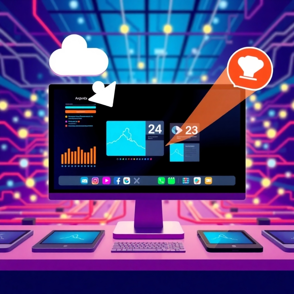 A stylized image representing dynamic content and real-time updates. The scene depicts a digital display being remotely updated with new information and visuals. The color palette should be vibrant and dynamic, with a focus on responsiveness and flexibility. The background should be a network of interconnected devices.