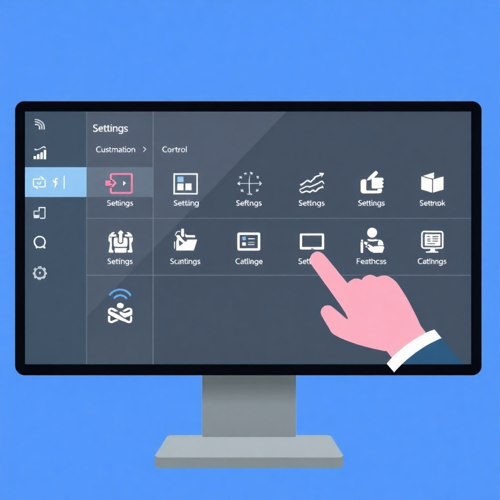 A stylized image representing customization and personalization. The scene depicts a digital display being configured with various settings and options, represented by icons and graphics. The color palette should be vibrant and engaging, with a focus on user-friendliness and control. The background should be a clean, uncluttered interface.