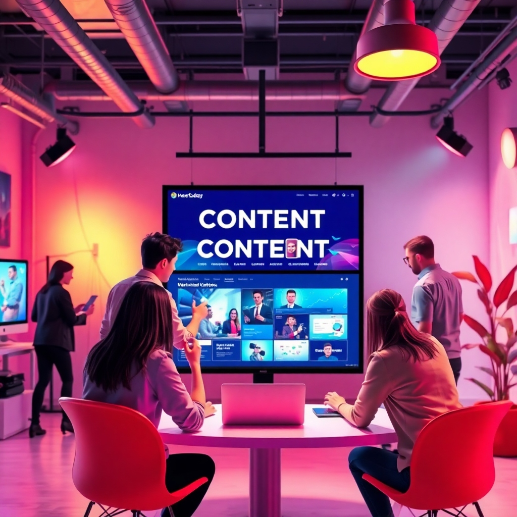 A stylized image representing content creation and management for digital signage. The image features a team of designers and content creators collaborating on a digital project. The environment is a creative studio with vibrant colors and modern design elements. The composition emphasizes teamwork and innovation. Technical specs: 4K resolution, stylized textures, creative lighting.