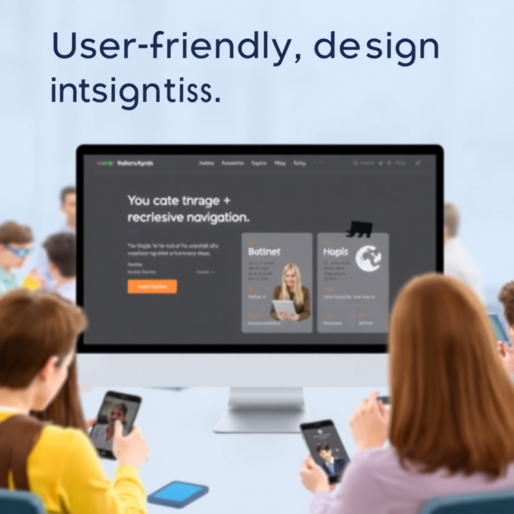 A stylized image representing user-friendly design and intuitive navigation. The scene depicts a clean and uncluttered website interface with clear call-to-actions and helpful visuals. The color palette should be inviting and accessible, with a focus on usability and simplicity. The background should be a blurred scene of people using the website on various devices.