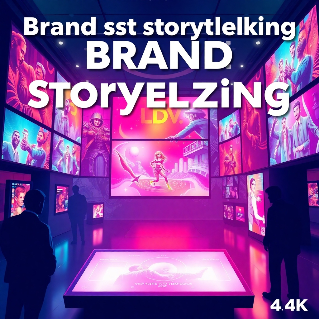 A stylized image representing brand storytelling through digital signage. The image depicts a vibrant narrative unfolding across a series of interconnected digital displays. The color palette is rich and engaging, with dynamic lighting effects highlighting key elements of the story. The style should be visually compelling and emotionally resonant. Technical specs: 4K resolution, stylized textures, dynamic lighting.