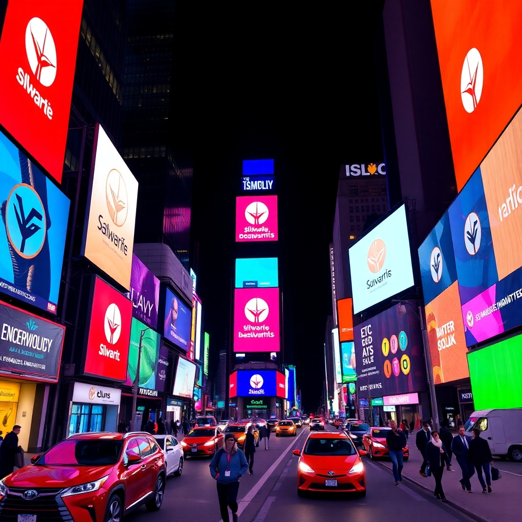 A stylized image representing increased brand awareness through digital signage. The image features a series of vibrant digital displays broadcasting a company's logo and messaging across a bustling cityscape. The color palette is bold and attention-grabbing, and the composition emphasizes the visibility and impact of the signage. Style: Modern, dynamic, and impactful. Technical specs: 4K resolution, stylized textures, vibrant colors.