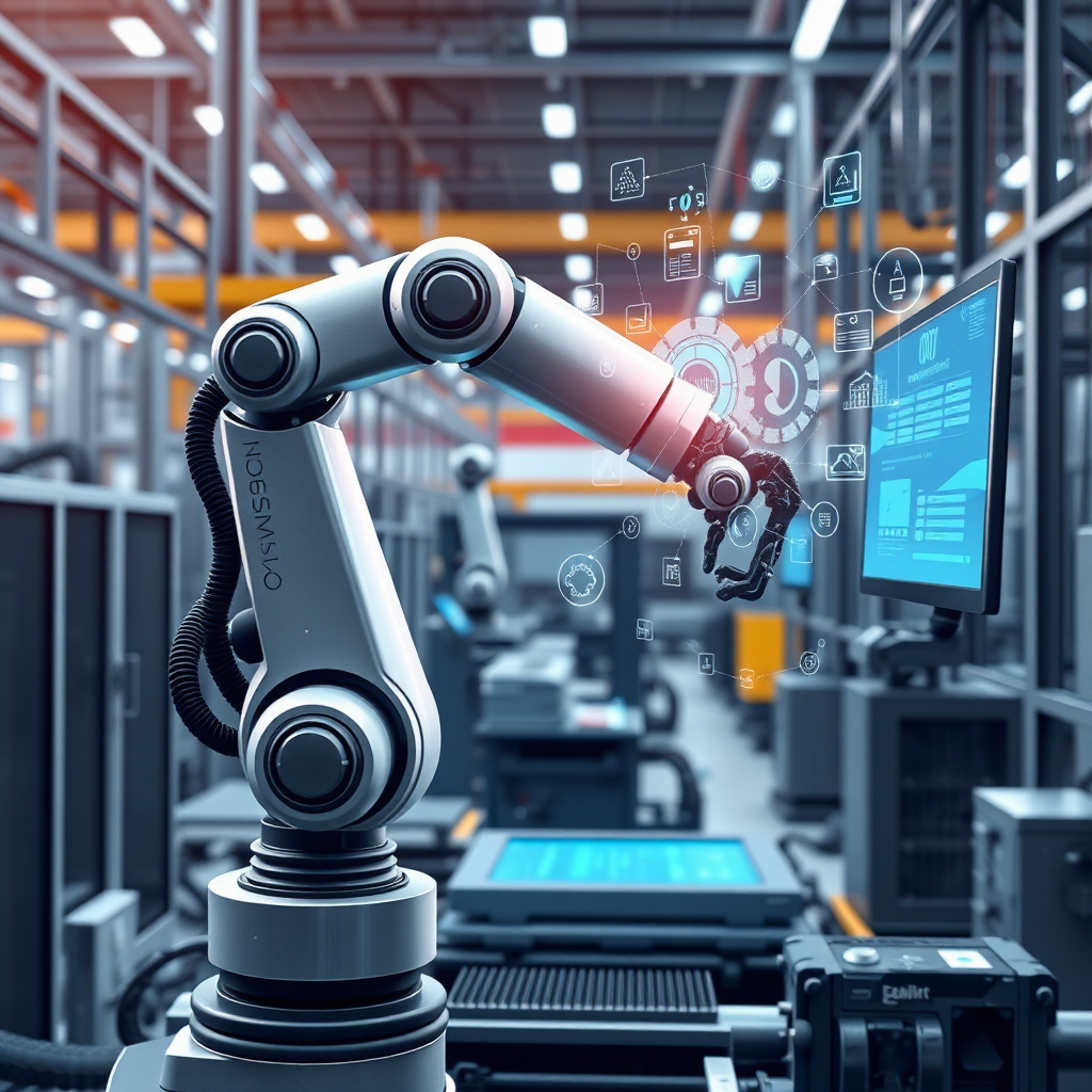 A stylized representation of a robotic arm automating various tasks in a modern factory. The arm is seamlessly integrating with digital interfaces and handling complex processes with precision. The color palette should be a blend of industrial grays and vibrant blues, symbolizing the fusion of technology and efficiency. Technical specs: 4K resolution, high-quality rendering with dynamic lighting.