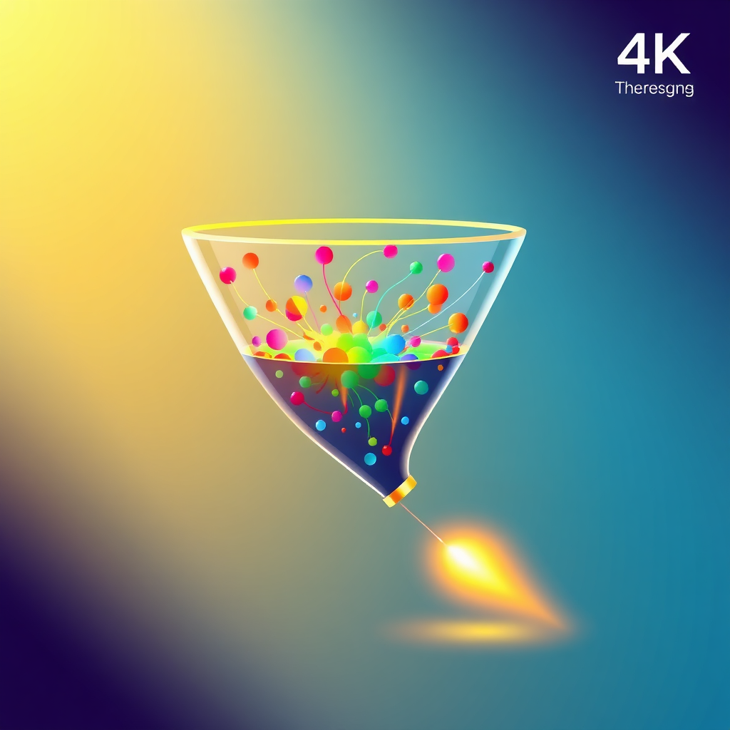 A vibrant graphic depicting a marketing funnel transforming leads into customers. The funnel is made of glass and filled with colorful data streams. A golden light shines at the end, illustrating conversions. Modern, minimalist style with bold colors. 4K resolution.