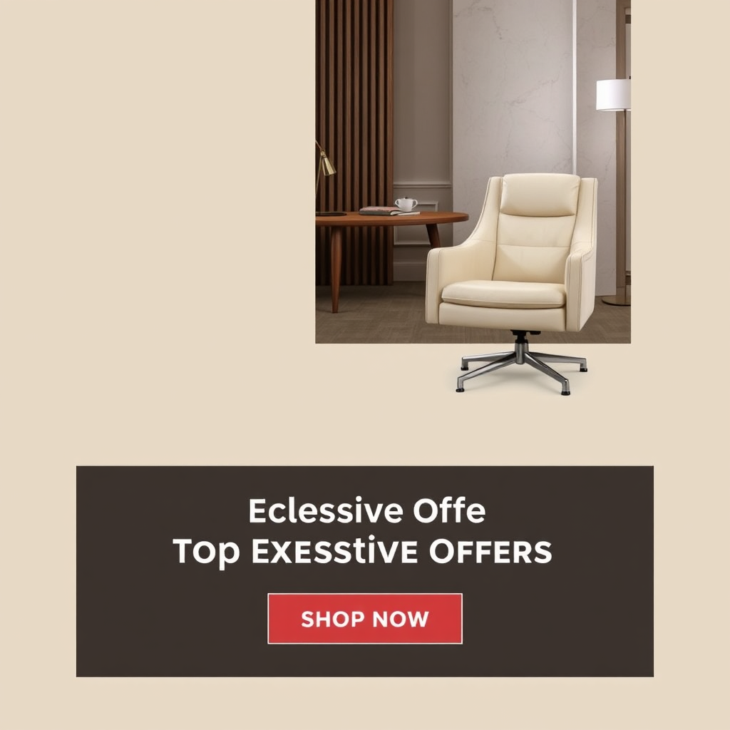 A visually appealing banner featuring a Top Executive Chair alongside promotional text highlighting exclusive offers. The banner should include a clear call-to-action button, such as 'Shop Now' or 'Learn More'. The color scheme should be consistent with the brand's aesthetic, using luxurious and inviting tones. The overall design should be clean, modern, and eye-catching, encouraging visitors to take advantage of the limited-time offers and invest in their comfort and well-being.