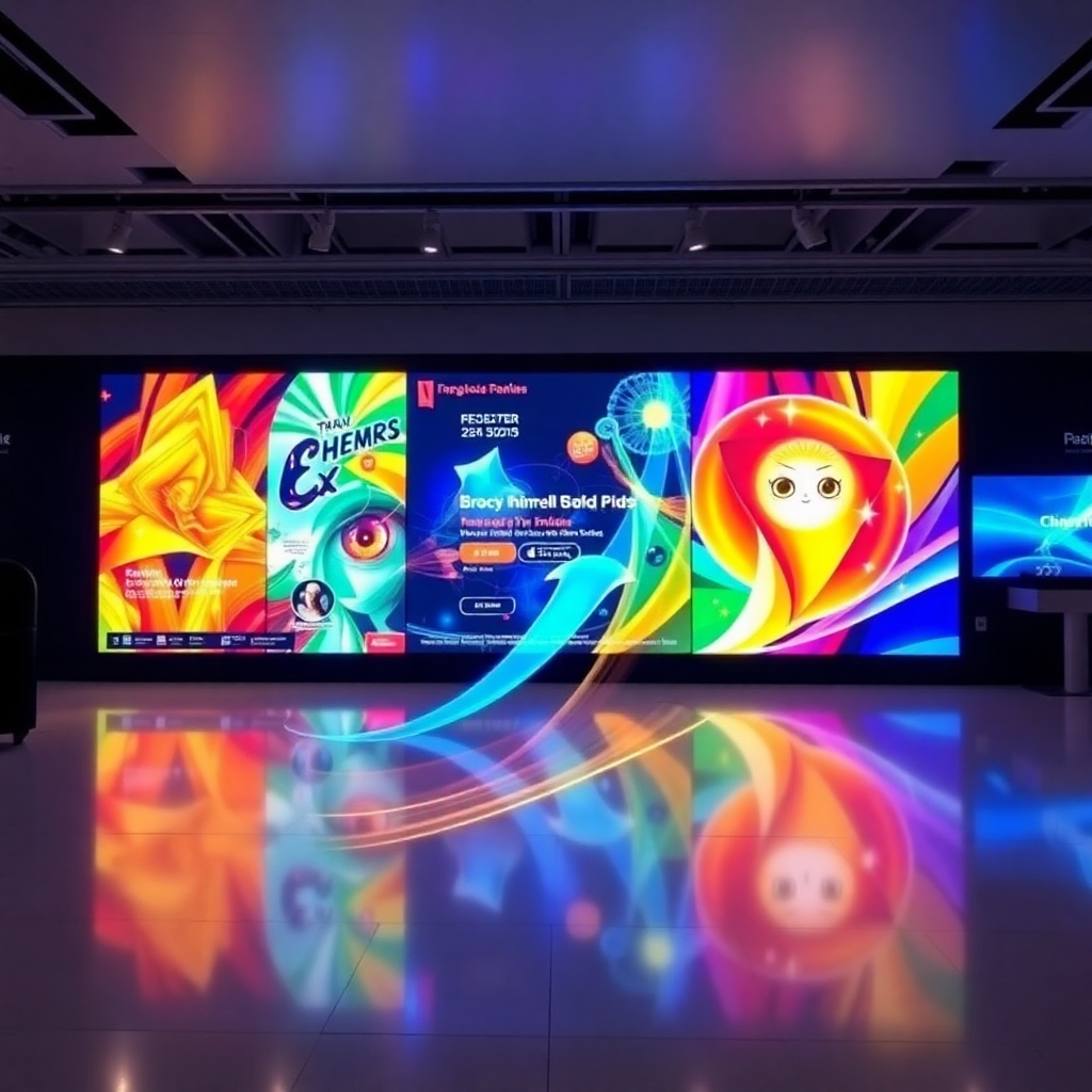 A visually appealing digital display with bold graphics and dynamic content. The image should highlight the vibrancy and clarity of the display.