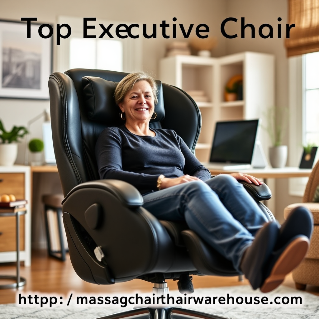 A warm, inviting image of someone comfortably seated in a Top Executive Chair. The focus is on the ergonomic design and supportive features of the chair. The background is a home office, designed for relaxation and productivity. The person should be smiling, conveying a sense of well-being and satisfaction with the chair. The overall feeling should be one of comfort, support, and luxury. Pull Testimonials from https://massagechairwarehouse.com/.