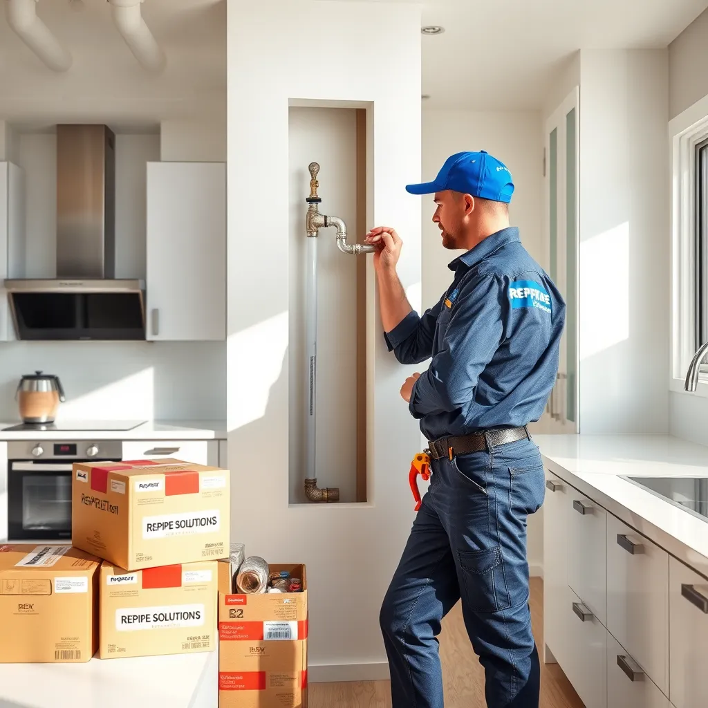 A wide shot of a modern kitchen with sleek appliances and a spacious layout. The image should focus on a wall where a section has been opened up, revealing new Uponor PEX pipes running neatly within the wall. The plumber, wearing a Repipe Solutions uniform, is expertly connecting the pipe to a fitting, showcasing the efficiency and speed of the repiping process. The light should be bright and natural, highlighting the clean and organized work environment. The image should emphasize the minimal disruption caused by the repiping process, highlighting the convenience and speed of Repipe Solutions' services. Render the image in ultra-high quality, focusing on realistic textures and details. Include a few boxes of tools and materials, such as Uponor PEX pipes, fittings, and tools, to emphasize the professionalism of the service.
