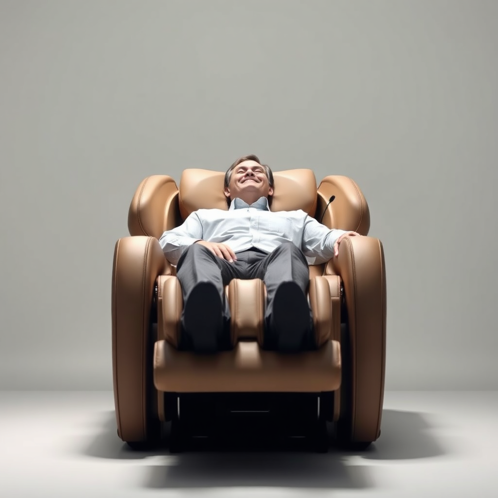 A wide shot of an executive massage chair in the zero-gravity position. The chair is set against a clean, minimalist background with soft, diffused lighting. Focus is on the chair's reclined posture and its ergonomic design. The executive in the chair is relaxed and comfortable, with a slight smile. The overall feeling is one of weightlessness and relaxation, showcasing the benefits of the zero-gravity feature for spinal health and circulation. The image should emphasize the chair's ability to promote deep relaxation and reduce stress on the body.
