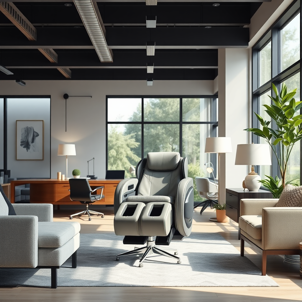 A wide shot of the executive massage chair in a stylish, contemporary office setting. The chair should be perfectly positioned to complement the surrounding furniture and decor. Use natural lighting to enhance the overall aesthetic.