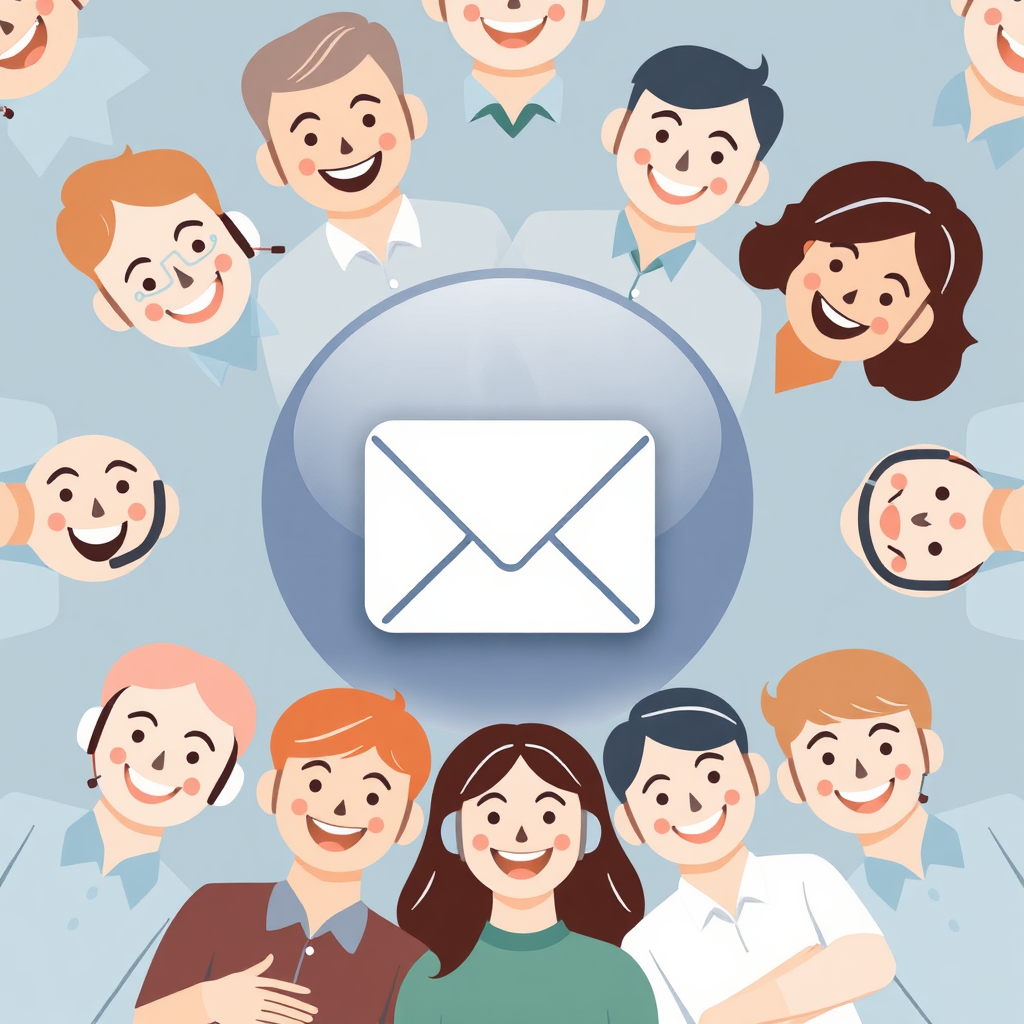 An email icon surrounded by support agents with happy expressions. Style: Joyful and collaborative.