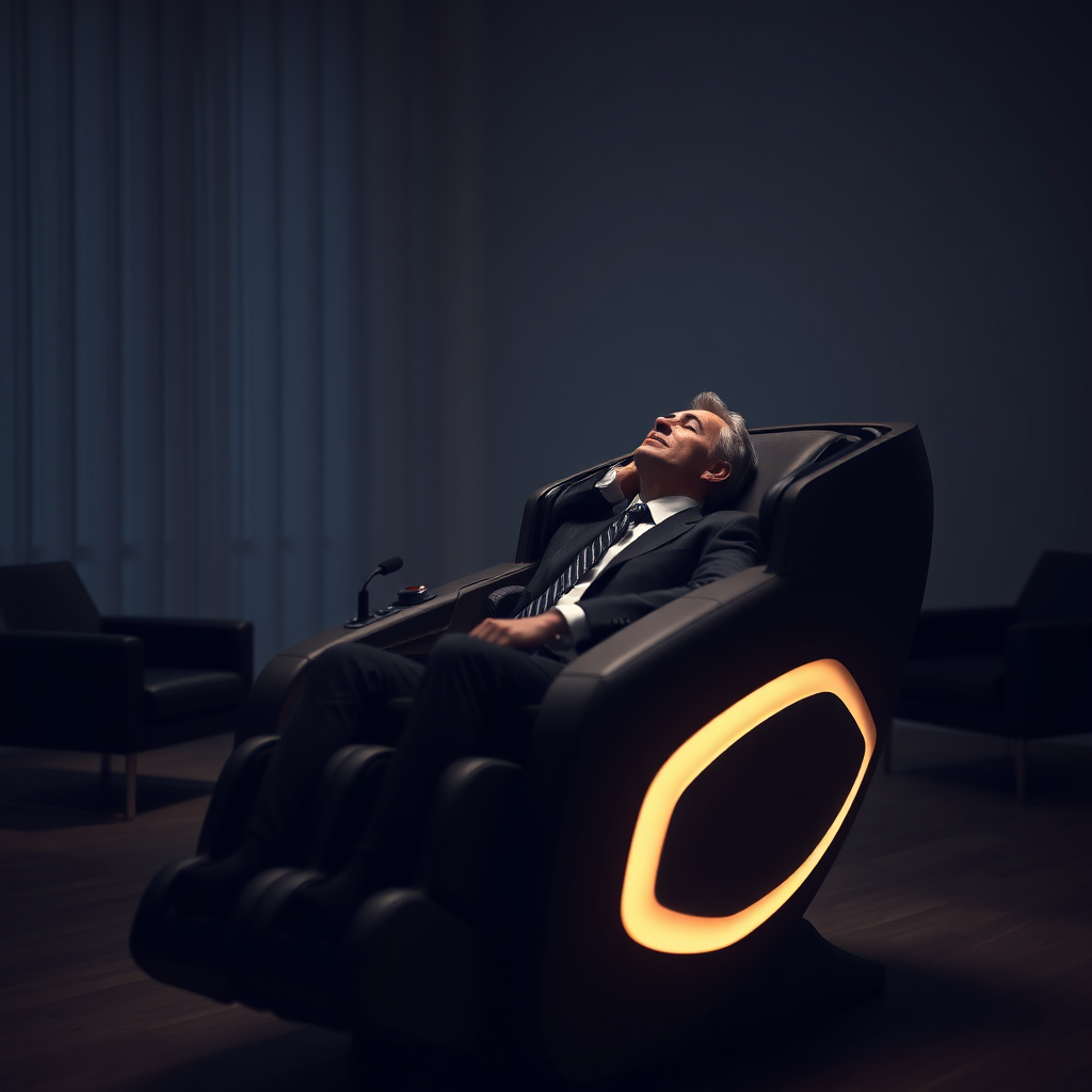 An executive sitting in a massage chair in a dimly lit room, illuminated by the soft glow of the chair's control panel. The executive is leaning back, eyes closed, with a relaxed posture. The chair is positioned in a way that highlights its ergonomic design and comfort features. The room is decorated with minimalist, modern furniture, creating a sense of calm and tranquility. The overall mood is one of deep relaxation and rejuvenation, emphasizing the chair's ability to provide instant stress relief and promote well-being in a professional setting.