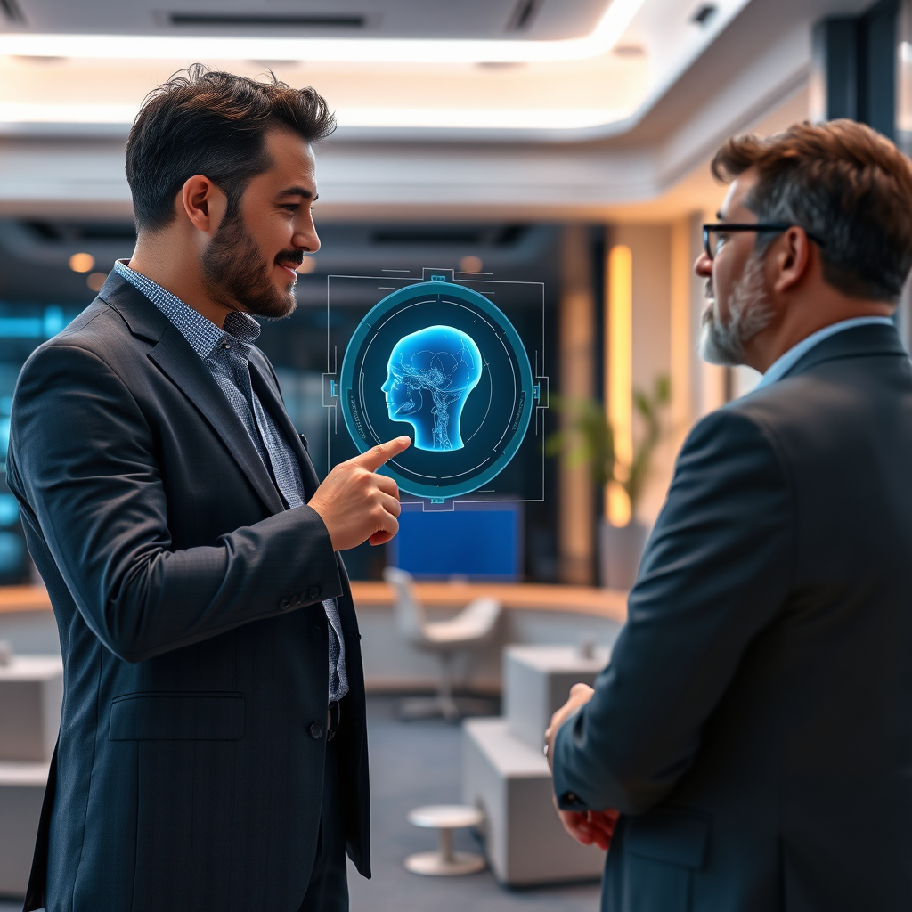 An image of a consultant advising a client in a futuristic office setting. The consultant is pointing to a holographic projection of an AI model, explaining its functionality. The scene should convey trust and expertise, using a warm and inviting color palette. Technical specs: 4K resolution, photorealistic rendering with natural lighting.