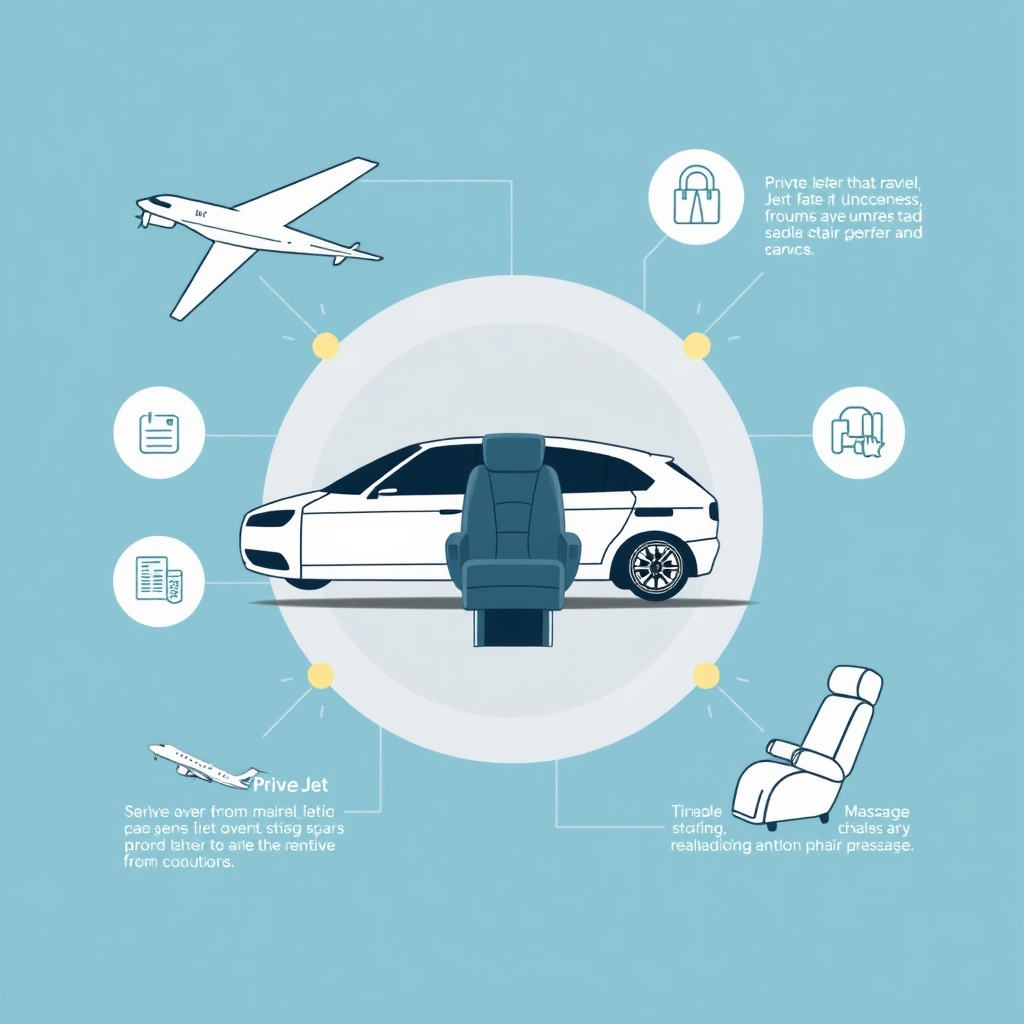An infographic-style image illustrating the seamless integration of private jet travel, limousine service, and massage chair relaxation. Use interconnected lines and icons to visualize the concept. A modern and clean design aesthetic. Vibrant color palette. High-resolution rendering.