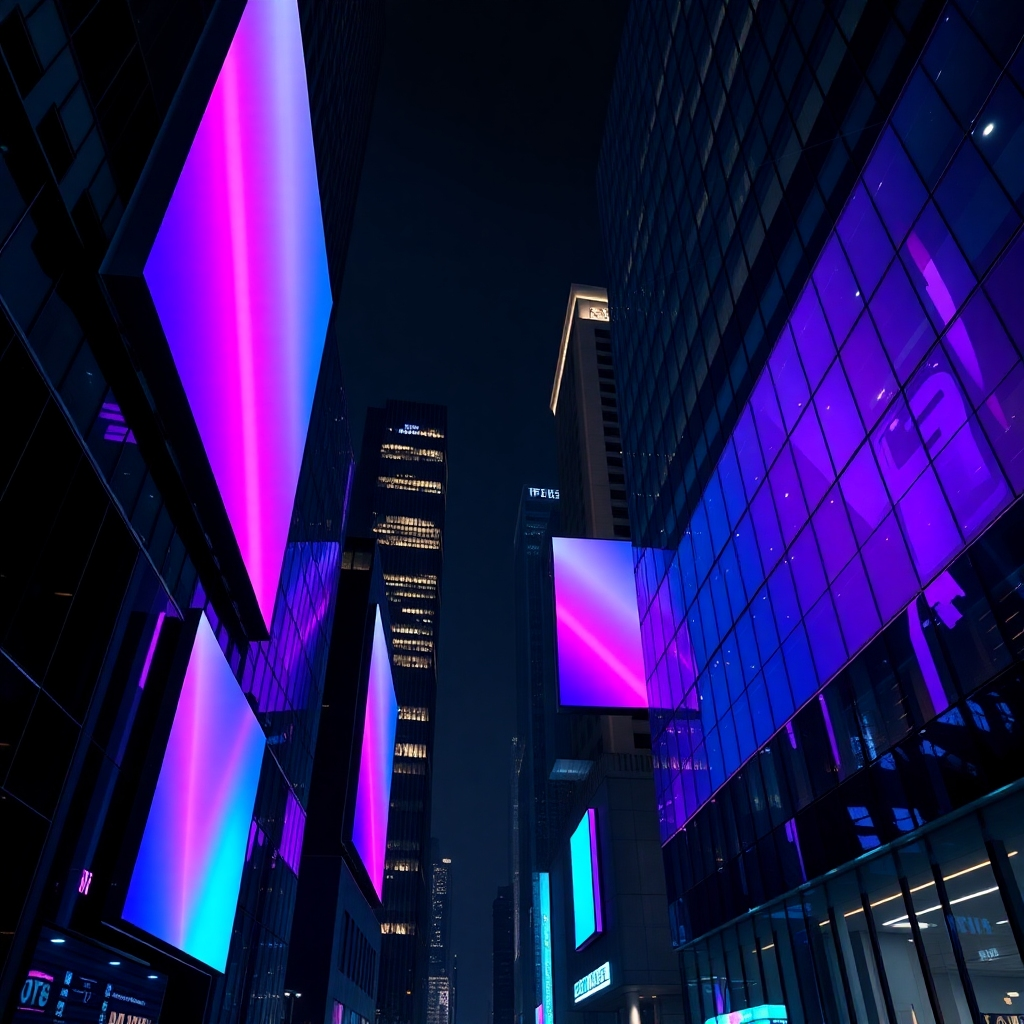An ultra-high resolution, photorealistic image of a sleek, modern cityscape at night. The focus is on several large, vibrant digital signage displays seamlessly integrated into the buildings, showcasing dynamic content with a gradient purple and cyan color scheme. The displays are crystal clear and appear to be floating against the black backdrop of the night sky. A subtle glow emanates from the signs, illuminating the surrounding architecture. The camera angle is a low-angle shot, emphasizing the scale and impact of the digital signage. Include subtle lens flares and bokeh effects to enhance the realism. Style: reminiscent of Blade Runner visuals, hyperrealistic rendering. Technical Specs: 8K resolution, ultra-detailed textures, global illumination.