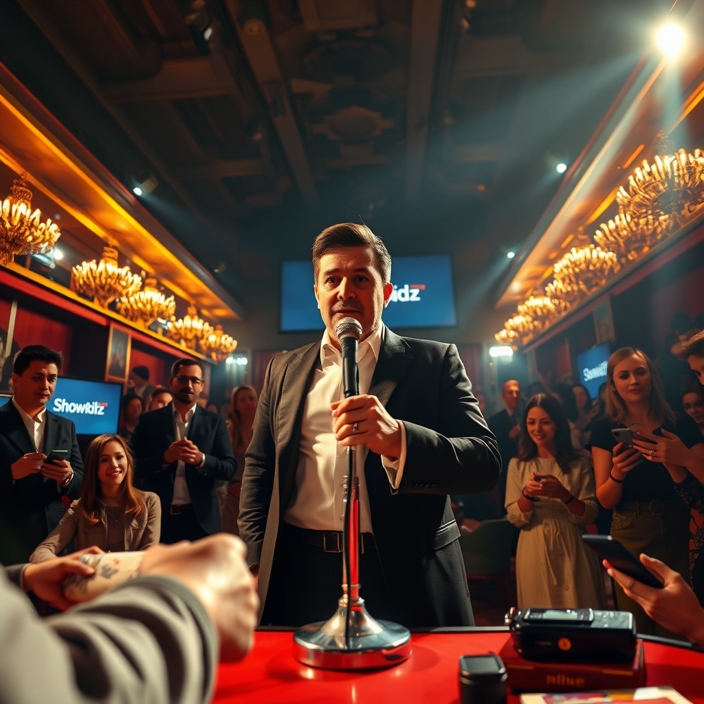 Capture a dynamic scene of a live auction in progress. A charismatic host stands center stage, bathed in warm, focused lighting. Bidders are visible in the background, their faces reflecting excitement and anticipation, illuminated by the glow of their devices. The set design should hint at luxury and exclusivity, with subtle branding elements of 'ShowBidz' integrated tastefully. The color palette should be rich and vibrant, featuring golds, reds, and deep blues. Use a wide-angle lens to capture the energy of the room. Focus on textures – the gleam of the microphone, the crispness of the host's attire, and the subtle details of the auction items. The environment is a modern, well-designed auction house. Props include a gavel, display screens showing bids, and high-end items on display. Style: Blend photorealistic rendering with the heightened drama of a theatrical performance. Technical Specs: 8K resolution, hyperrealistic details.