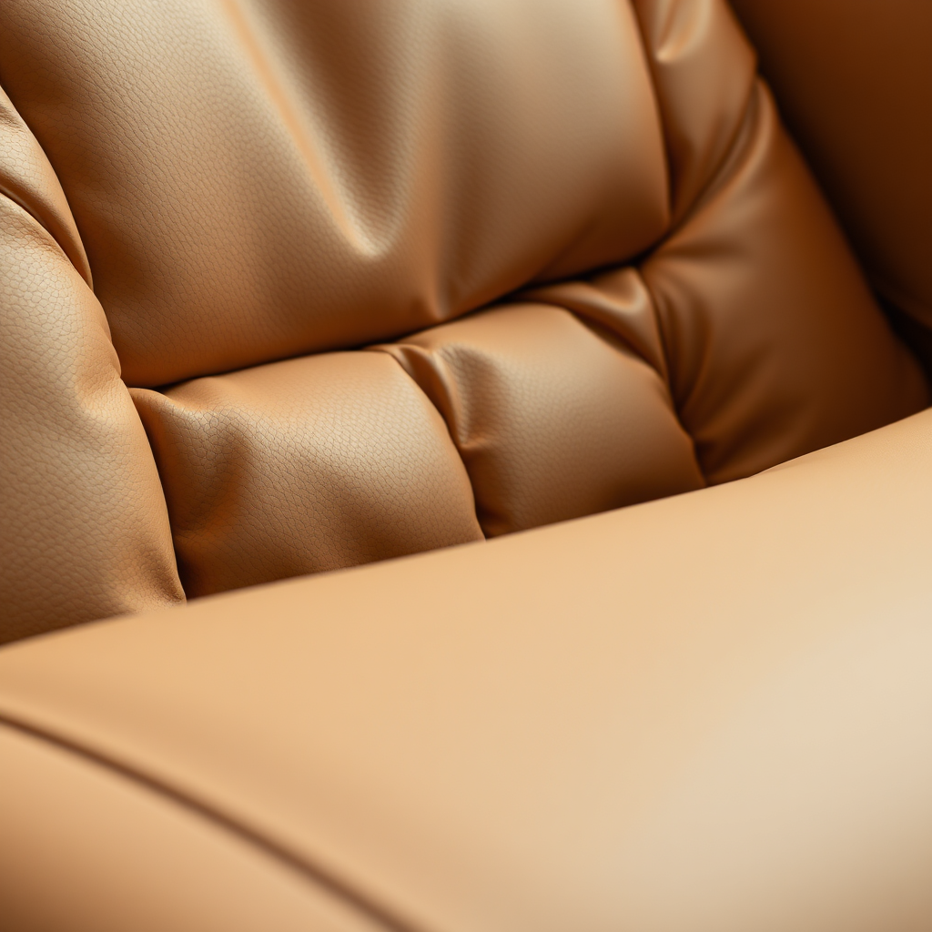 Close-up photorealistic image of the massage chair's cushioning. Focus on the texture and detail of the premium leather, showcasing the intricate stitching and plush padding. Soft, diffused lighting should highlight the chair's ergonomic contours. The color palette should be warm and inviting, emphasizing the luxurious feel.