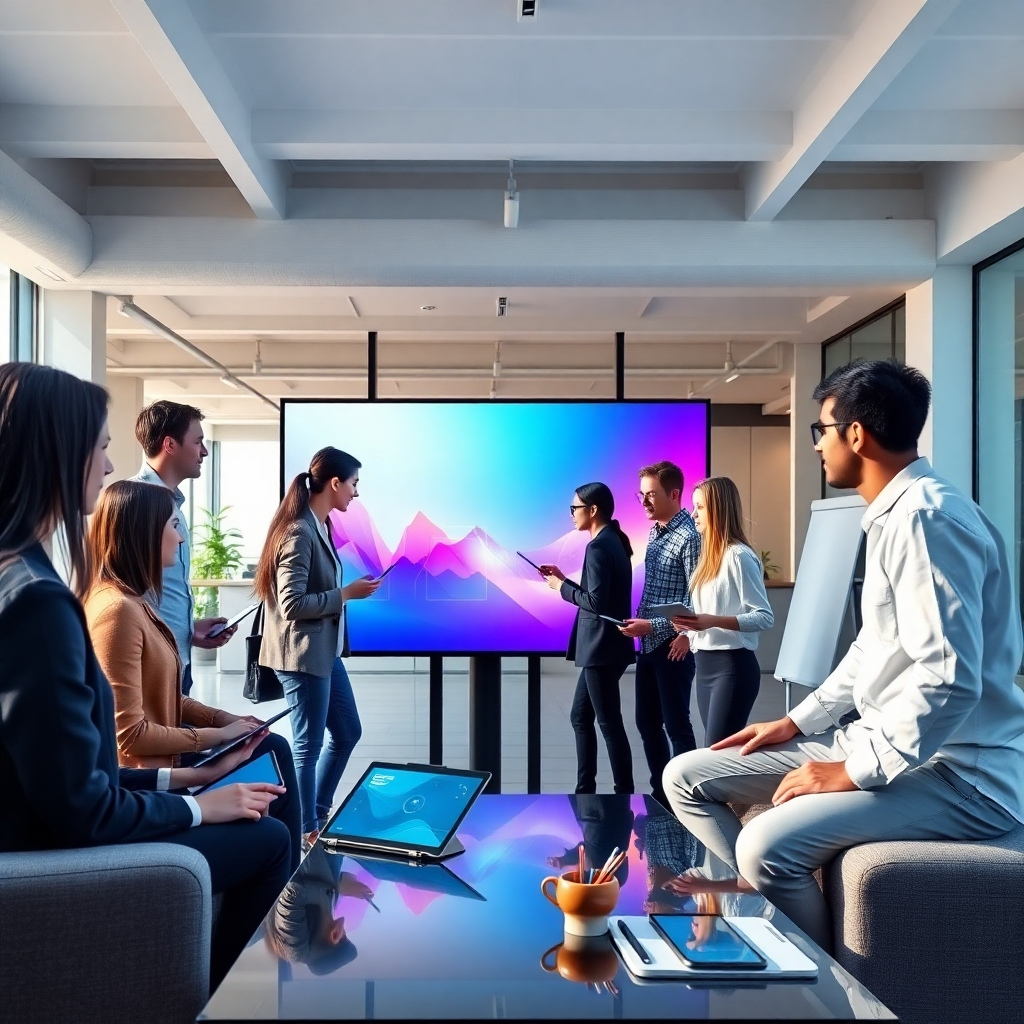 Create a 4K resolution, high-quality image representing NexSign Studios' mission. The scene depicts a modern, open-plan office space with a team of diverse professionals collaborating around a large interactive digital display. The display showcases a dynamic and engaging visual presentation with the company's gradient color scheme (specify gradient colors). The lighting is bright and natural, with soft shadows. The camera angle is a medium shot, capturing the team's energy and focus. Textures should be detailed, highlighting the sleekness of the technology and the collaborative environment. Relevant props include design mockups, digital tablets, and comfortable office furniture. The overall style is modern and professional, emphasizing innovation and teamwork.