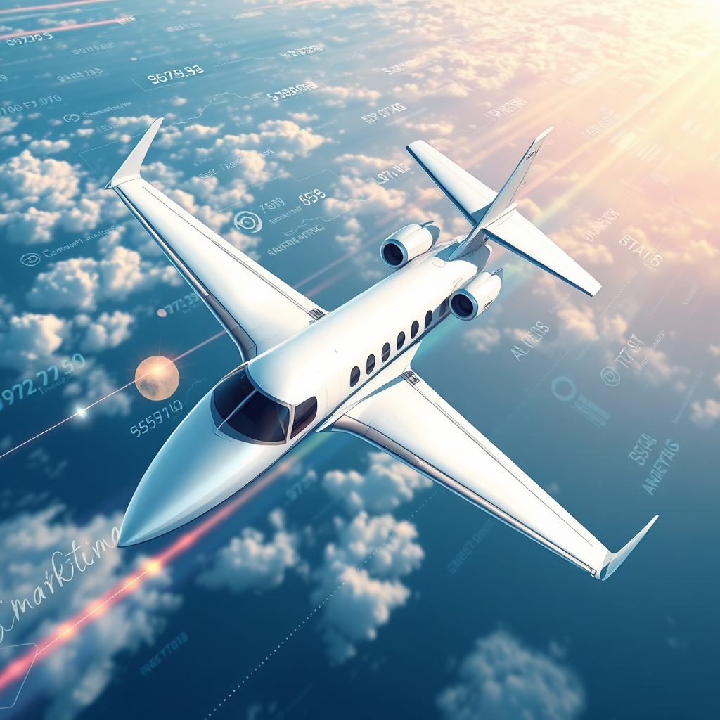 Create a digital illustration of a private jet soaring through the sky, with data streams and marketing analytics surrounding it. The image should convey a sense of precision and effectiveness in marketing. Use a modern and tech-forward aesthetic.