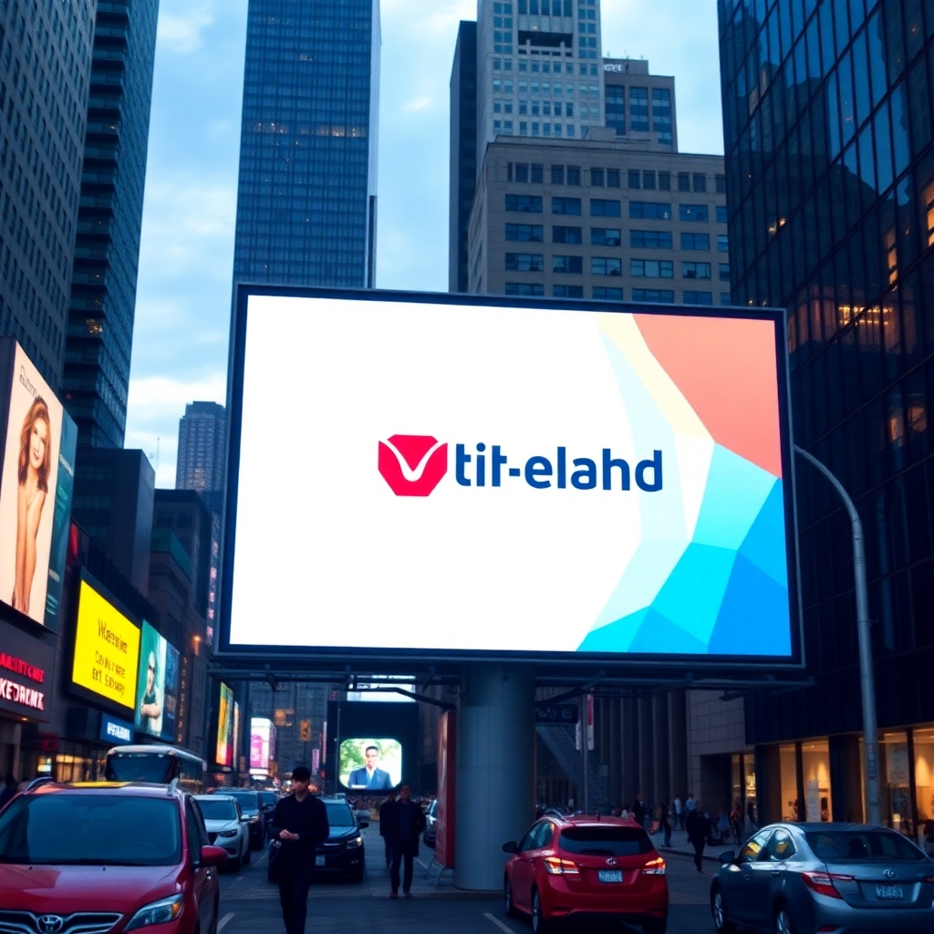 Create a dynamic image showing a digital billboard in a bustling urban environment, prominently displaying a recognizable brand logo and message. Emphasize the billboard's brightness and clarity to showcase its impact on viewers.