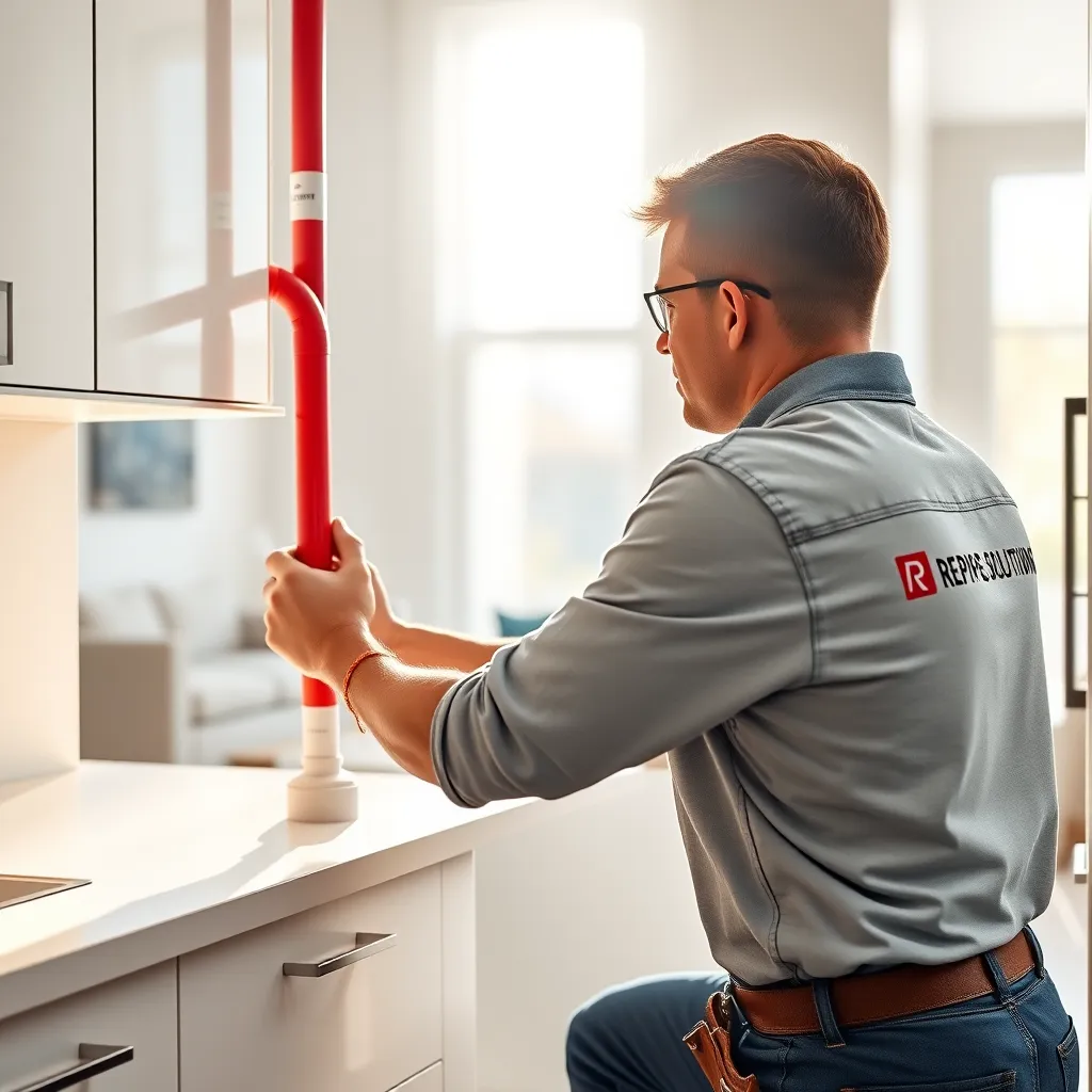 Create a photorealistic, ultra-high quality (8K resolution) image that conveys a sense of professionalism and peace of mind.  The image should feature a modern kitchen with sleek, white cabinetry. A skilled plumber, wearing Repipe Solutions branded attire, is carefully installing Uponor PEX piping, showcasing its bright red color. Sunlight streams in through a window, illuminating the scene, with a warm and inviting glow. The background should be a blur of a living room, emphasizing the kitchen as the focal point.  The image should convey quality, expertise, and a clean, modern aesthetic, reflecting the values of Repipe Solutions., ultra high resolution, photorealistic, 8K, hyperdetailed, cinematic lighting