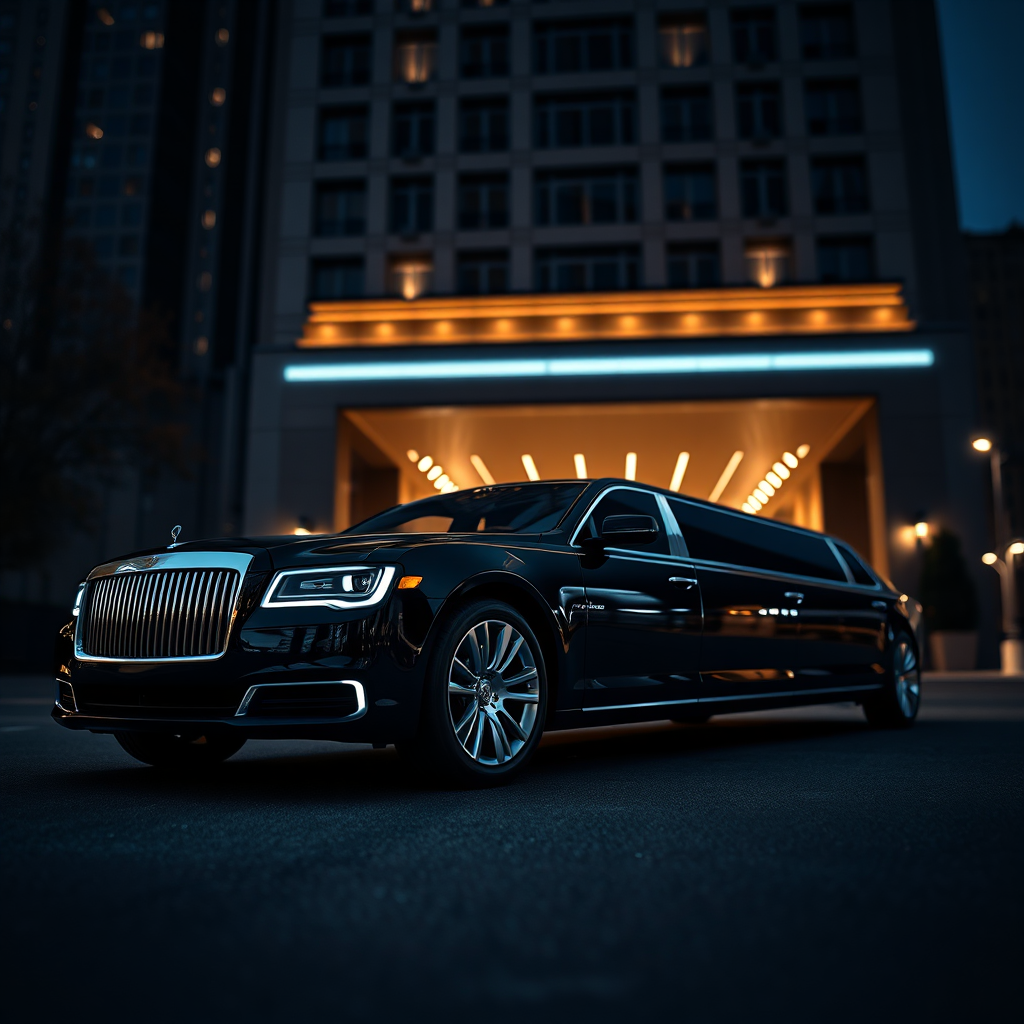 Create a photorealistic image of a sleek, black limousine parked in front of a high-end hotel at night. The limousine should be illuminated by the hotel's lights, showcasing its polished exterior. The background should be blurred to create a sense of depth and exclusivity. The color palette should be dark and sophisticated, with blacks, silvers, and deep blues. The camera angle should be a low angle shot, emphasizing the limousine's size and elegance. 4K resolution, high quality rendering.