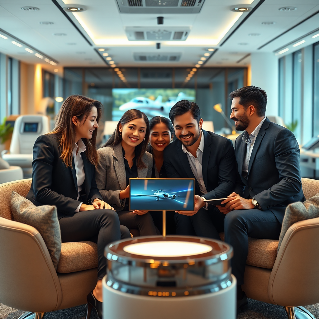 Create a photorealistic image representing the core of LuxRoyce. The image should feature a diverse team of marketing professionals collaborating in a modern, open-plan office. The background should subtly showcase elements representing private jets, limousines, and high-end massage chairs. The lighting should be bright and energetic, reflecting a dynamic and creative work environment. The color palette should include vibrant blues, greens, and yellows. The camera angle should be a medium shot, focusing on the team's interaction and collaborative spirit. Texture details should include the smooth surfaces of the digital displays, the comfortable fabrics of the office furniture, and the detailed expressions of the team members. The image should convey a sense of teamwork, innovation, and a passion for luxury marketing. 4K resolution, high quality rendering.