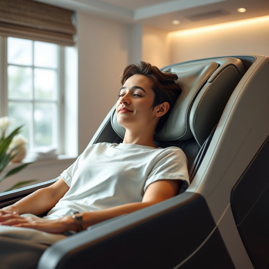 Create a photorealistic image of a person relaxing in a state-of-the-art massage chair in a serene spa setting. The chair should be positioned near a window with natural light streaming in. The color palette should be calming and peaceful, with soft greens, blues, and whites. The camera angle should be a close-up shot, focusing on the person's relaxed expression and the details of the massage chair. 4K resolution, high quality rendering.