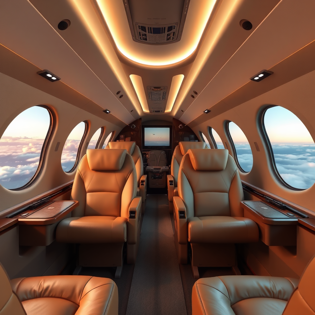 Create a photorealistic image of the interior of a luxurious private jet, showcasing plush leather seats, ambient lighting, and panoramic windows with a breathtaking view of the sky. The scene should evoke a sense of ultimate comfort and exclusivity. The color palette should be warm and inviting, with rich browns, creams, and golds. The camera angle should be a medium shot, focusing on the details of the interior and the scenic view. 4K resolution, high quality rendering.