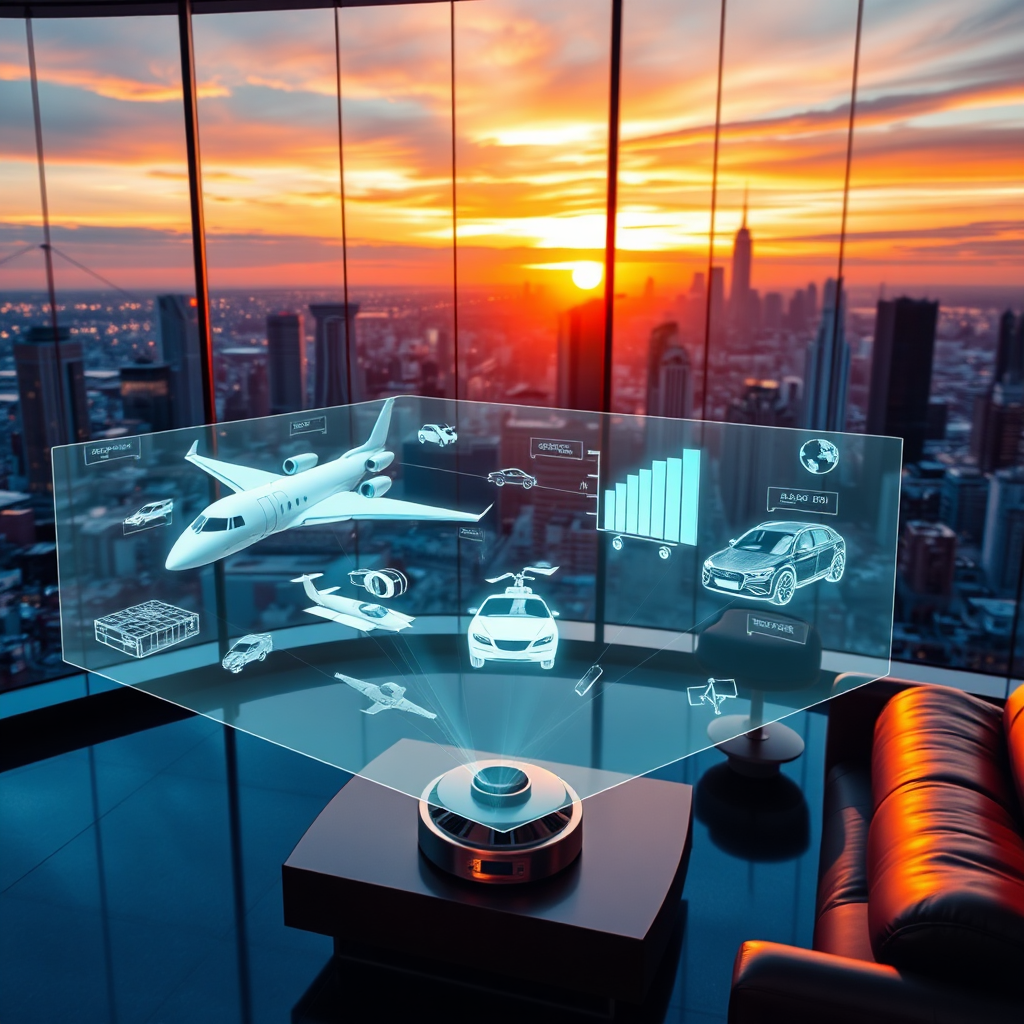 Create a photorealistic, ultra-high-quality header image. The scene should depict a sleek, modern marketing agency office overlooking a vibrant cityscape at sunset. In the foreground, a holographic projection displays icons representing private jets, limousines, and massage chairs, subtly intertwining with data visualizations. The lighting should be warm and inviting, with the sunset casting long shadows and highlighting the reflective surfaces. The color palette should be dominated by deep blues, golds, and purples. The camera angle should be a wide shot, capturing the entire office space and the cityscape beyond. Texture details should include the smooth glass of the windows, the polished metal of the holographic projector, and the comfortable leather of the office furniture. This image should evoke a sense of sophistication, innovation, and exclusivity, reminiscent of high-end marketing materials. 8K resolution, hyperrealistic rendering.