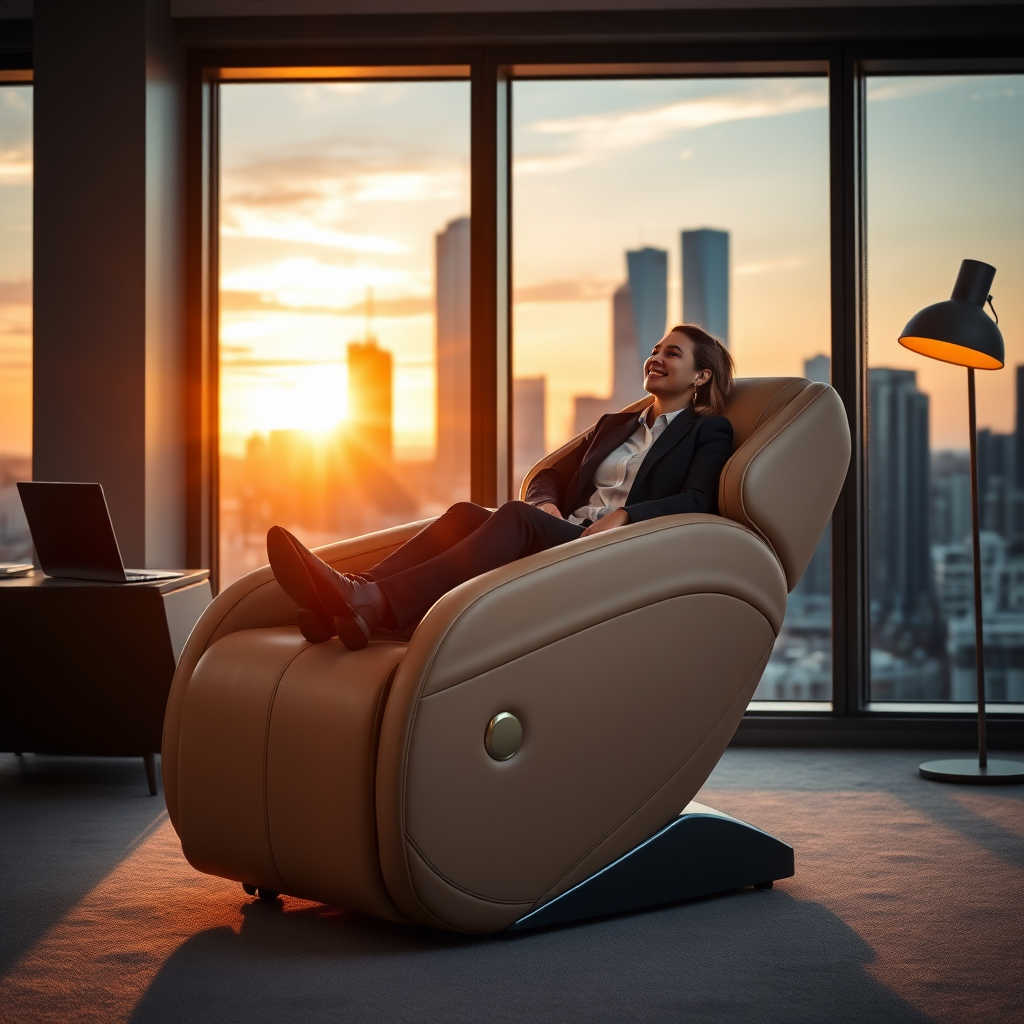 Create a photorealistic, ultra-high-quality header image showcasing "The Feel" executive massage chair. The chair should be the focal point, depicted in a modern, minimalist office setting with large windows overlooking a city skyline at sunset. The chair's leather should appear supple and inviting, with subtle stitching details visible. The lighting should be warm and diffused, highlighting the chair's ergonomic design and luxurious features. A professional, casually dressed in business attire, is subtly visible in the background, looking relaxed and content. The color palette should consist of neutral tones with accents of warm gold and deep blues. Capture the scene from a slightly low angle to emphasize the chair's commanding presence. Add elements like a sleek desk with a laptop and a stylish floor lamp to enhance the professional atmosphere. Aim for an 8K resolution image with hyperrealistic textures and details, reminiscent of a high-end furniture advertisement.
