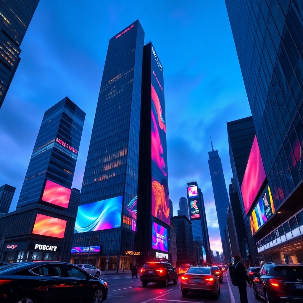 Create a stunning 8K resolution, hyperrealistic hero image for NexSign Studios, a digital signage company. The scene is a sleek, modern cityscape at dusk, with towering skyscrapers displaying vibrant, dynamic digital signage content. The color palette should be dominated by deep blues and purples in the sky, transitioning to the company's gradient color scheme (specify gradient colors) on the digital displays. Lighting should be dramatic, with reflections of the signage illuminating the streets below. The camera angle is a low-angle, wide shot, emphasizing the scale and impact of the digital displays. Textures should be highly detailed, capturing the glass and metal of the buildings, and the crispness of the digital screens. Include subtle atmospheric effects such as mist or light rain to enhance realism. Relevant props include modern vehicles with illuminated accents, and pedestrians gazing up at the displays. The overall style is inspired by futuristic architectural photography, with a focus on visual impact and technological advancement.