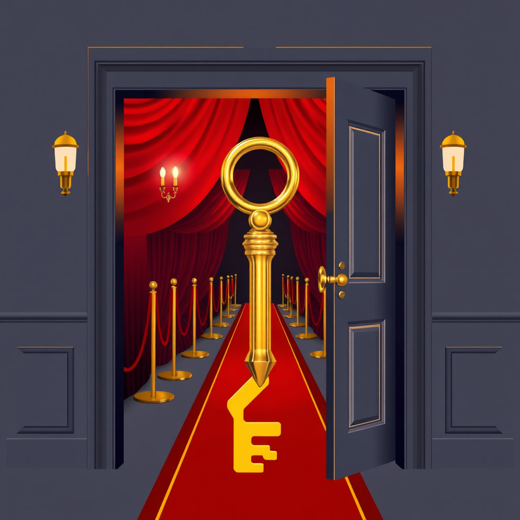 Create a stylized image depicting a golden key unlocking a door revealing a glamorous red carpet event. The image should symbolize exclusivity and access to elite experiences. Use a bold color palette with gold, red, and black. Create a sense of intrigue and anticipation. High-quality rendering.