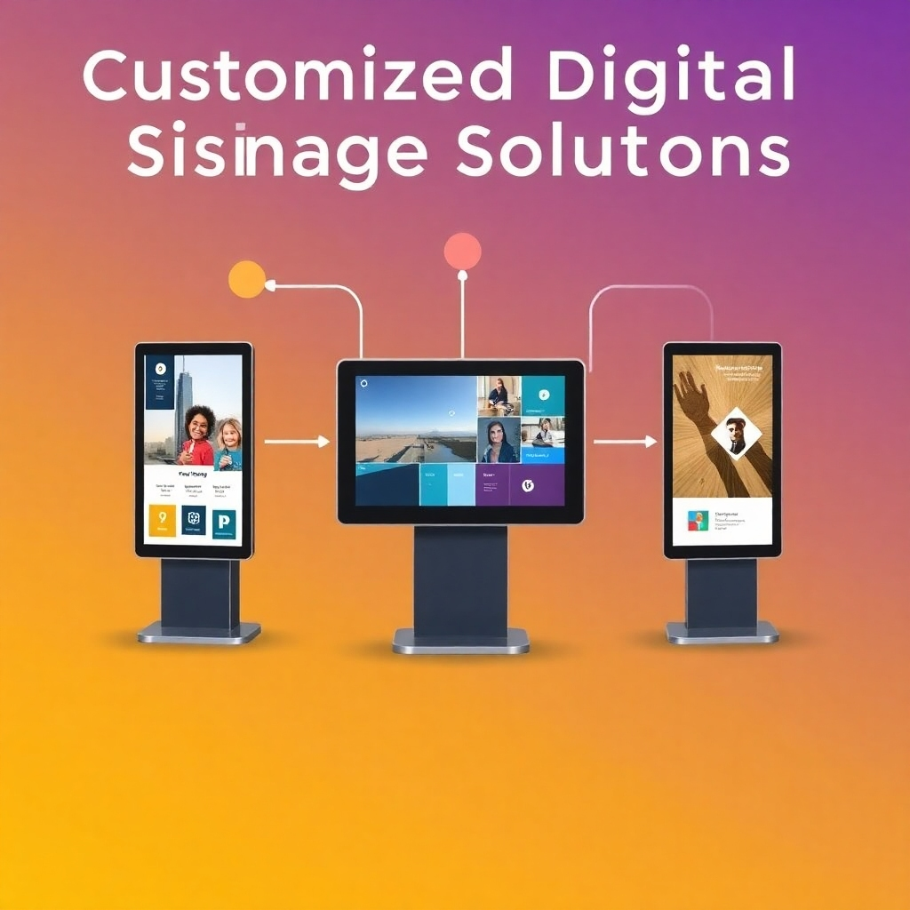 Create a stylized image representing customized digital signage solutions. Depict a series of interconnected digital displays, each showcasing different content and designs, symbolizing adaptability and personalization. Use a vibrant color palette and dynamic composition.