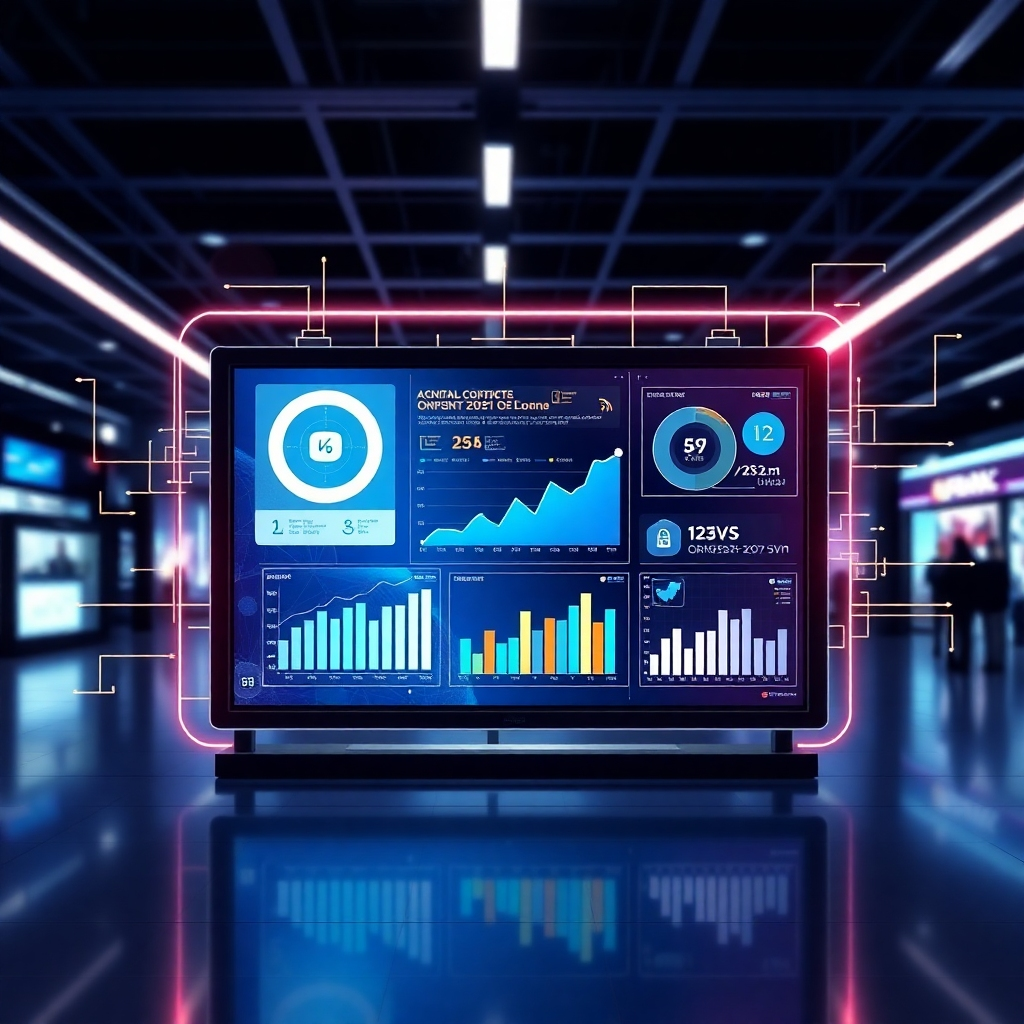 Create a stylized image representing data-driven digital signage. Depict a digital display overlaid with data visualizations, charts, and graphs, symbolizing the use of analytics to optimize content performance. Use a modern and futuristic aesthetic.