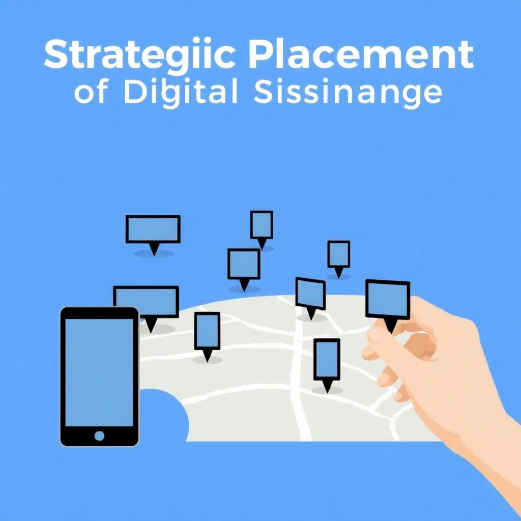 Create a stylized image representing strategic placement of digital signage. Depict a map overlaid with digital display icons, symbolizing the optimized distribution of signage across various locations. Use a clean and informative visual style.