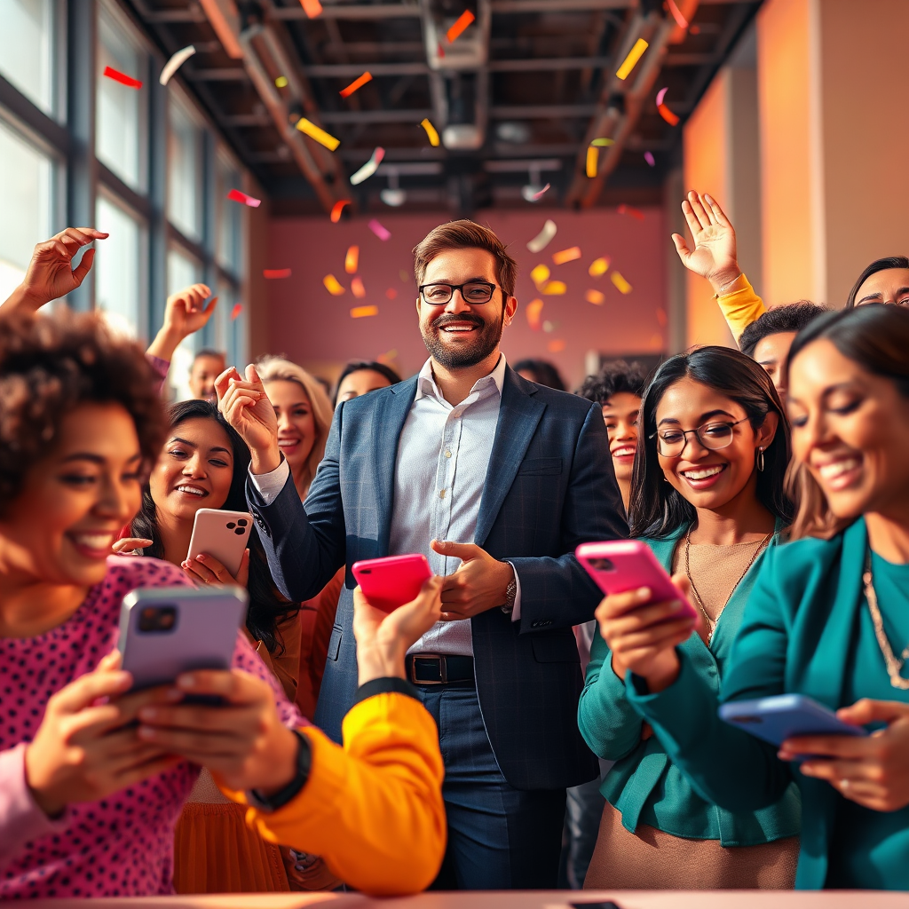 Create a vibrant image showcasing a diverse group of people enthusiastically participating in a live auction. The composition should feature a central figure confidently presenting an item, with other participants actively bidding through their devices. The atmosphere should be energetic and inclusive, conveying a sense of excitement and opportunity. Use warm and inviting lighting to enhance the sense of community. The color palette should be bright and optimistic, with pops of color to highlight key elements. Camera angle: A slightly elevated perspective to capture the full scope of the activity. Focus on the expressions of the participants, conveying their engagement and enjoyment. The environment is a stylized, modern virtual space. Props could include stylized bidding paddles or virtual confetti. Style: A blend of photorealistic rendering and vibrant illustration. Technical Specs: 4K resolution, high quality.