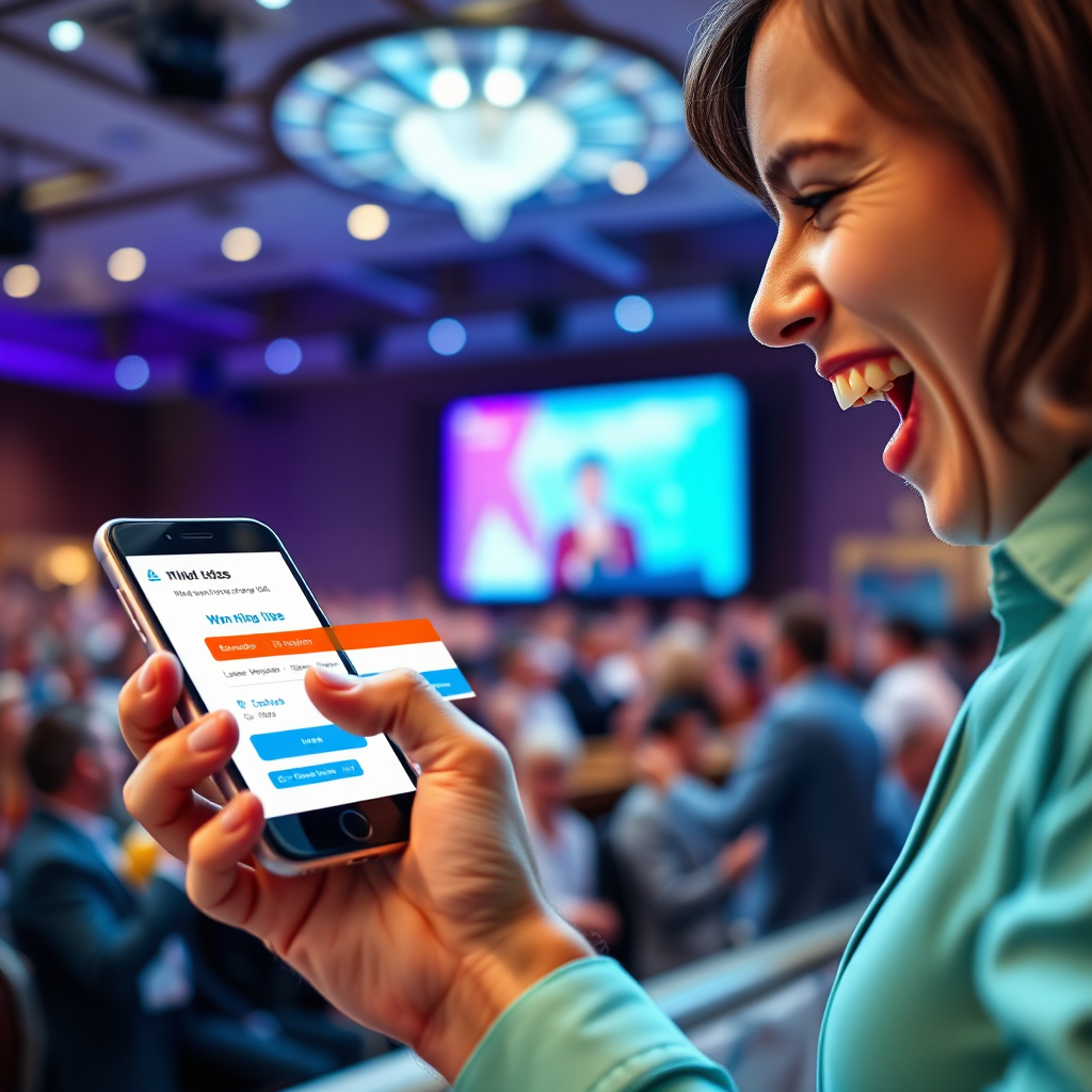 Create an image featuring a person excitedly using their mobile device to place a winning bid in a live auction. The background shows a digital representation of an auction room filled with eager bidders. Camera: Close-up on the device and the person's delighted expression. Style: Modern and engaging, using a vibrant color palette.