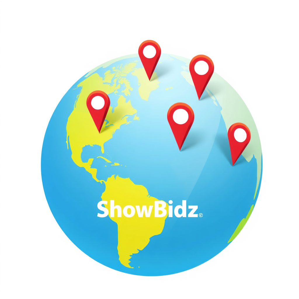 Create an image featuring a stylized globe with markers indicating active bidders from various locations around the world. The ShowBidz logo is subtly integrated into the design. Style: Global and connected, using a vibrant and inclusive color palette.
