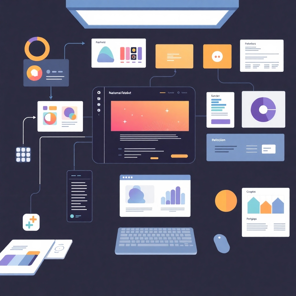 Create an image showcasing a digital design workflow. Include UI/UX design elements, creative software interfaces, and a focus on visual appeal.