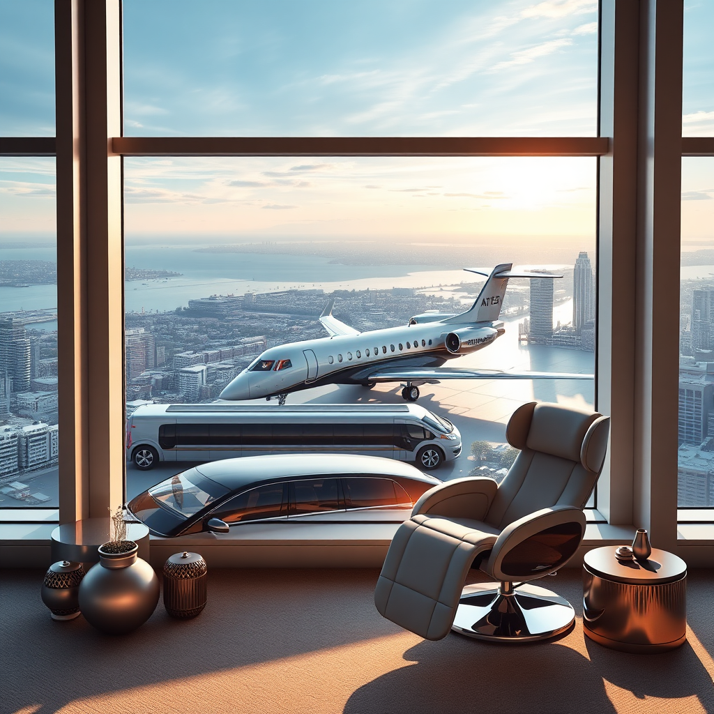 Create an image showcasing a luxurious penthouse suite with a private jet visible through the window, a limousine parked below, and a state-of-the-art massage chair in the living room. Symbolize elevated living and a seamless luxury lifestyle. A sophisticated color palette. High-resolution rendering.