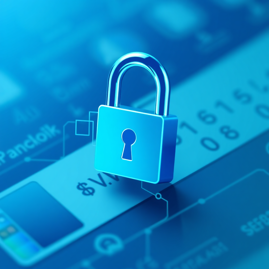 Depict a secure digital lock overlaid on a stylized representation of a payment transaction. The image should convey trust and security. Style: Professional and secure, using a blue and green color palette.
